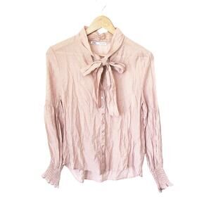 Zara Swiss Dot Tie Front Pink Blouse Women’s Small Cottagecore Sheer Romantic